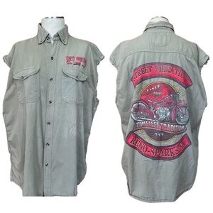 BikerWear 3XL Army Green Shirt Sleeveless Raw Edge Button Up 100% Cotton Biker